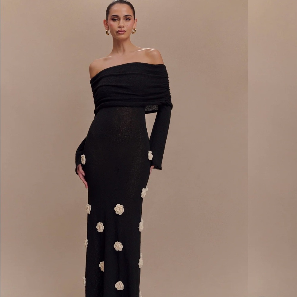 Meshki “Kiki” off the shoulder knit rose maxi dress Black/White